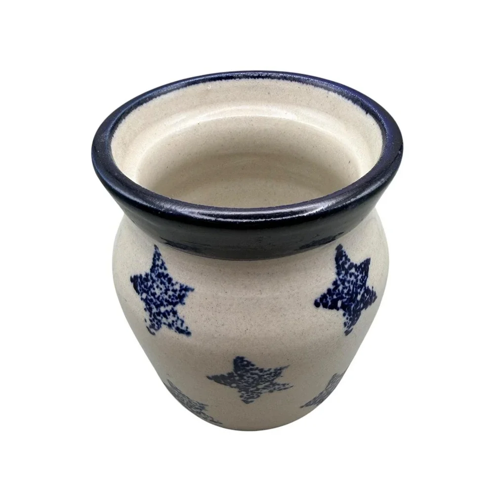 Marshall Pottery Stoneware Crock Blue Sponged Stars Salt Glazed Signed 3.5 Inch
